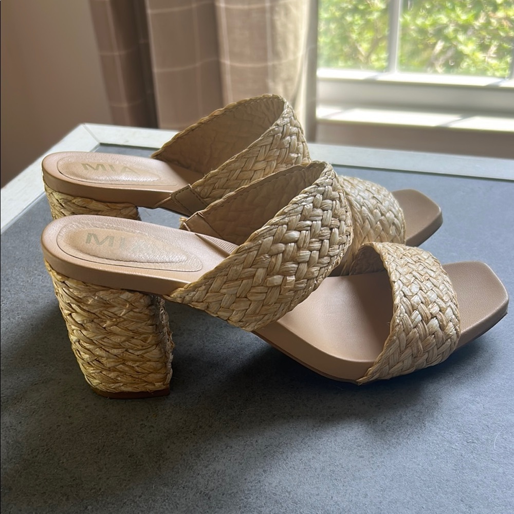 MIA Tan Woven Mules with Chunky Heel